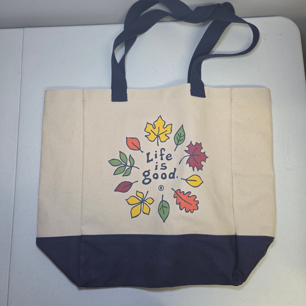 Life Is Good Canvas Tote Bag Cream Navy Blue Fall Leaves Graphic Large 15X18